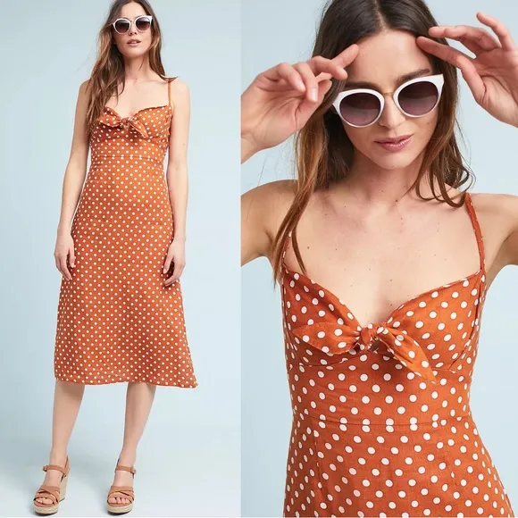 Faithfull The Brand • Fiscardo Polka Dot Midi Dress brown white linen Anthro - Image 2