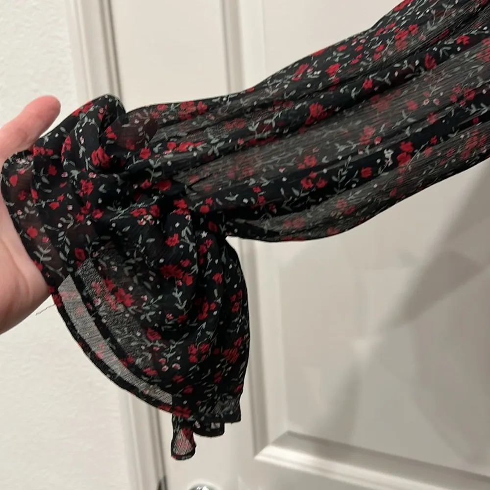 Zara Black Rose Print Bow Tie Collar Mini Dress Womens Size Large Cinch Waist - Image 6