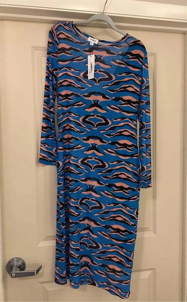 NEW TEREA Women's Kenzie Mesh Midi Dress & Slip S Blue - Image 3