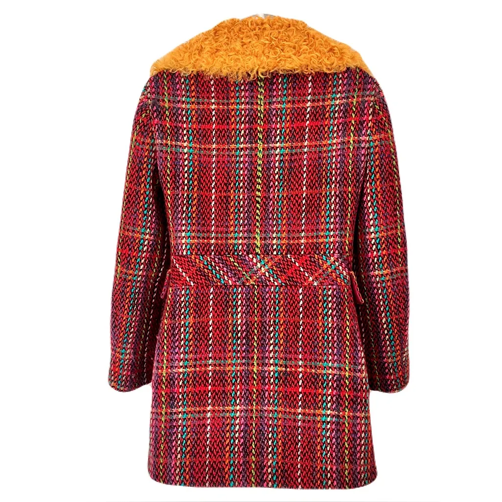 Vintage Etro 100% Wool Rainbow Tweed Coat w/ Marigold Curly Wool Collar, Size 38 Red - Image 4