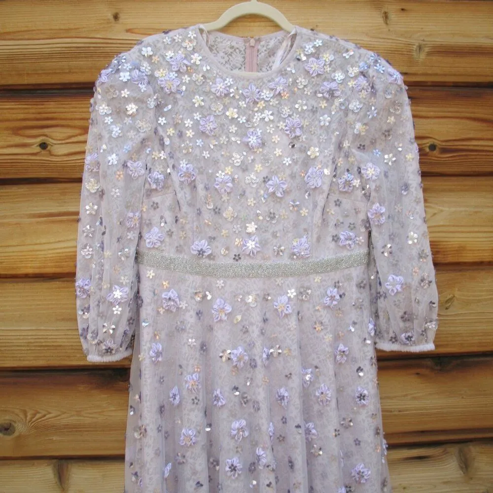 Mac Duggal Purple Floral Applique Puff Sleeve High Neck A - Image 8