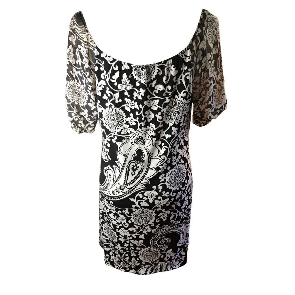 White House Black Market Black & White Paisley Dress with Sheer silk sleeves siz - Image 5