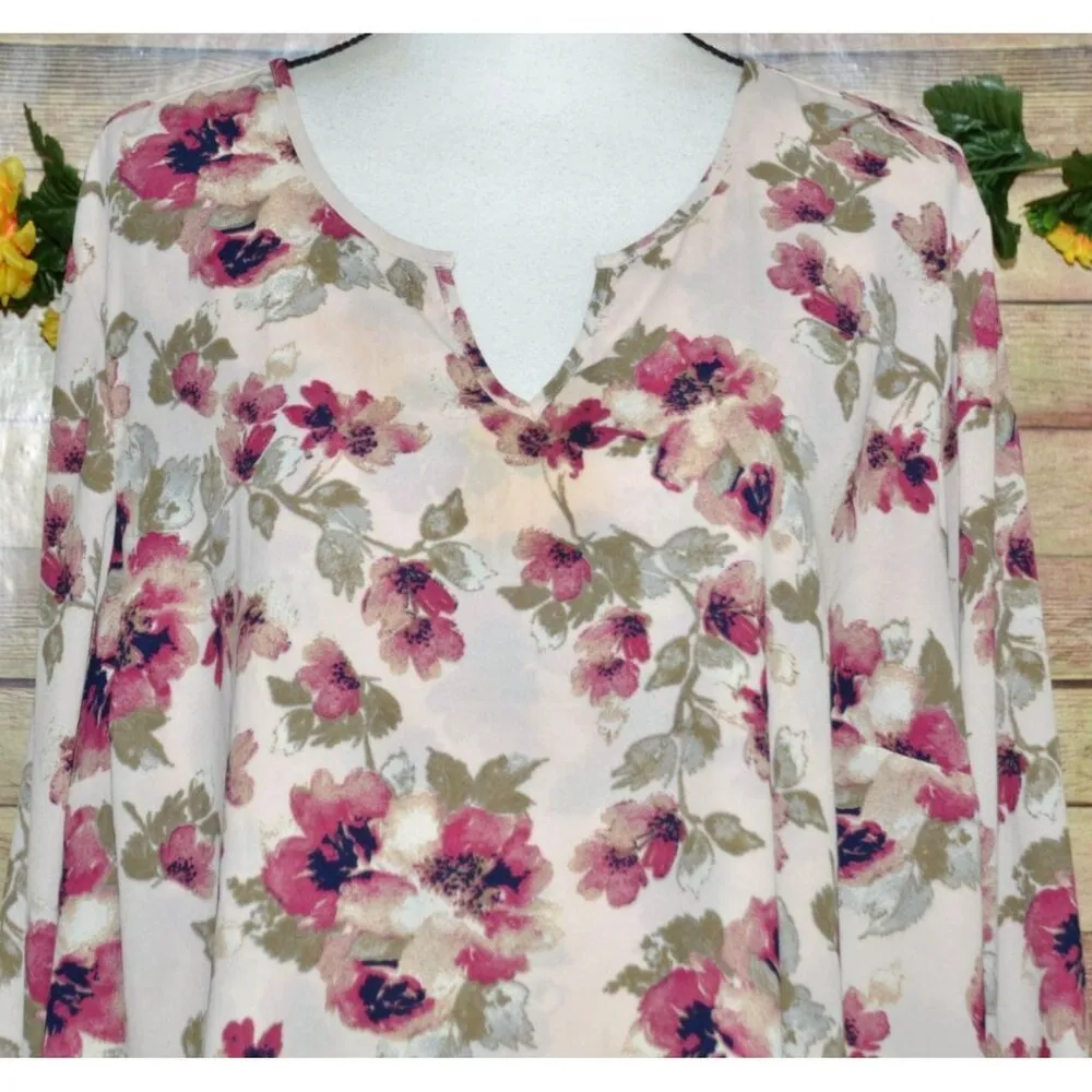 Krazy Kat Chiffon Pink Floral Blouse Roll Tab Sleeve Plus 3X Causal Night Out - Image 2