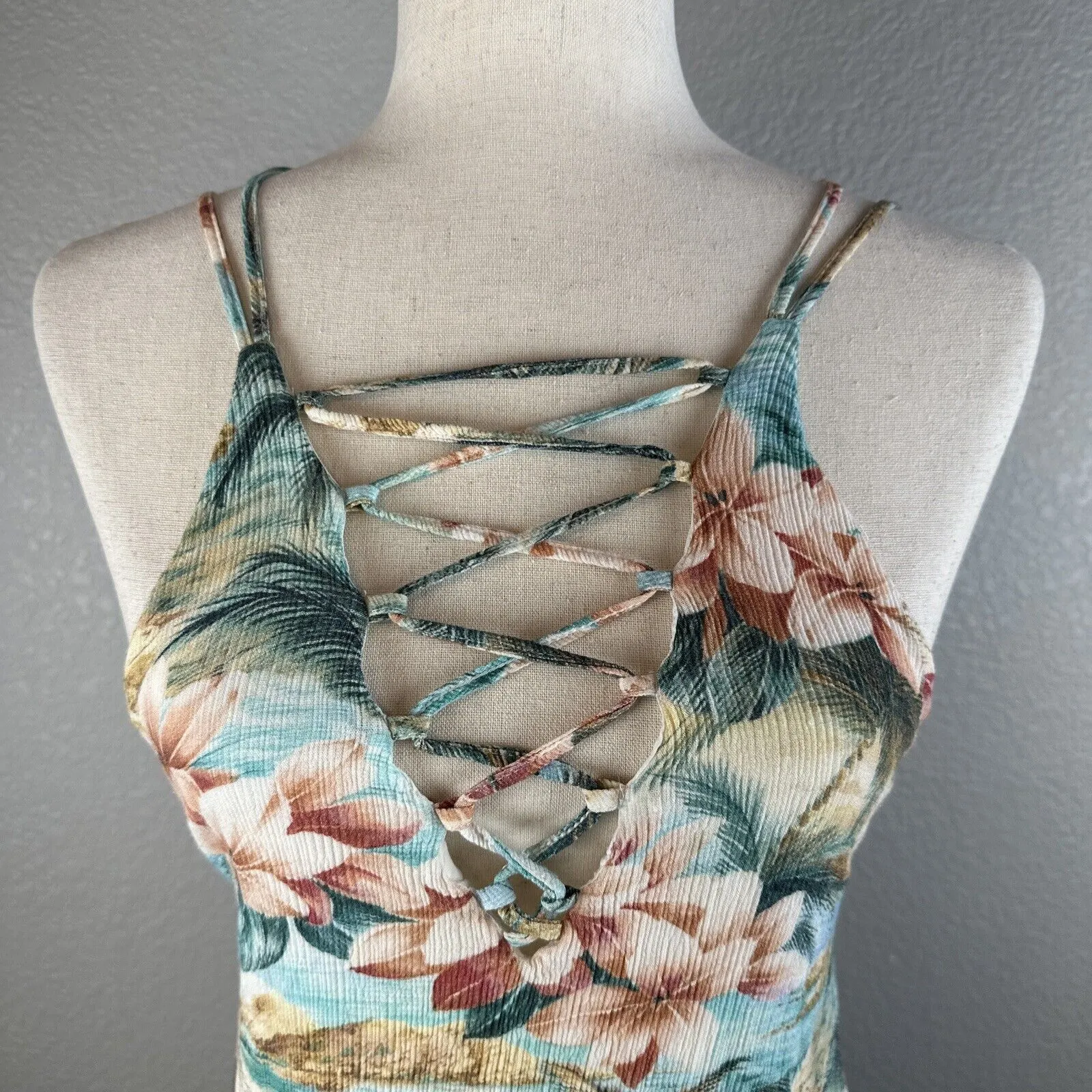 Farm Rio Mini Ruffle Sun Dress Size S Tropical Palm Print Lattice Front Strappy - Image 2