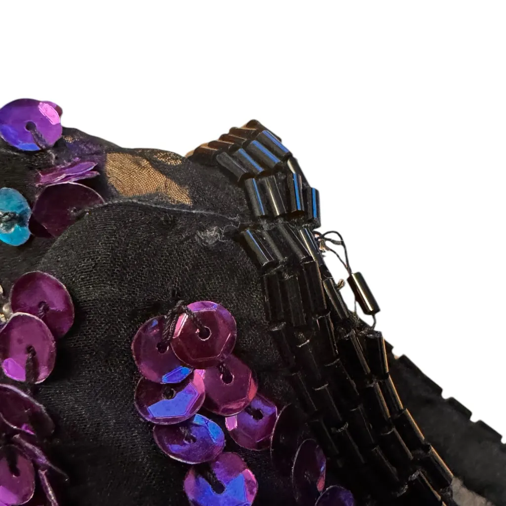 Laurence Kazar XL Silk Sequin Beaded Top Black Purple Teal Vintage Short Sleeve - Image 7