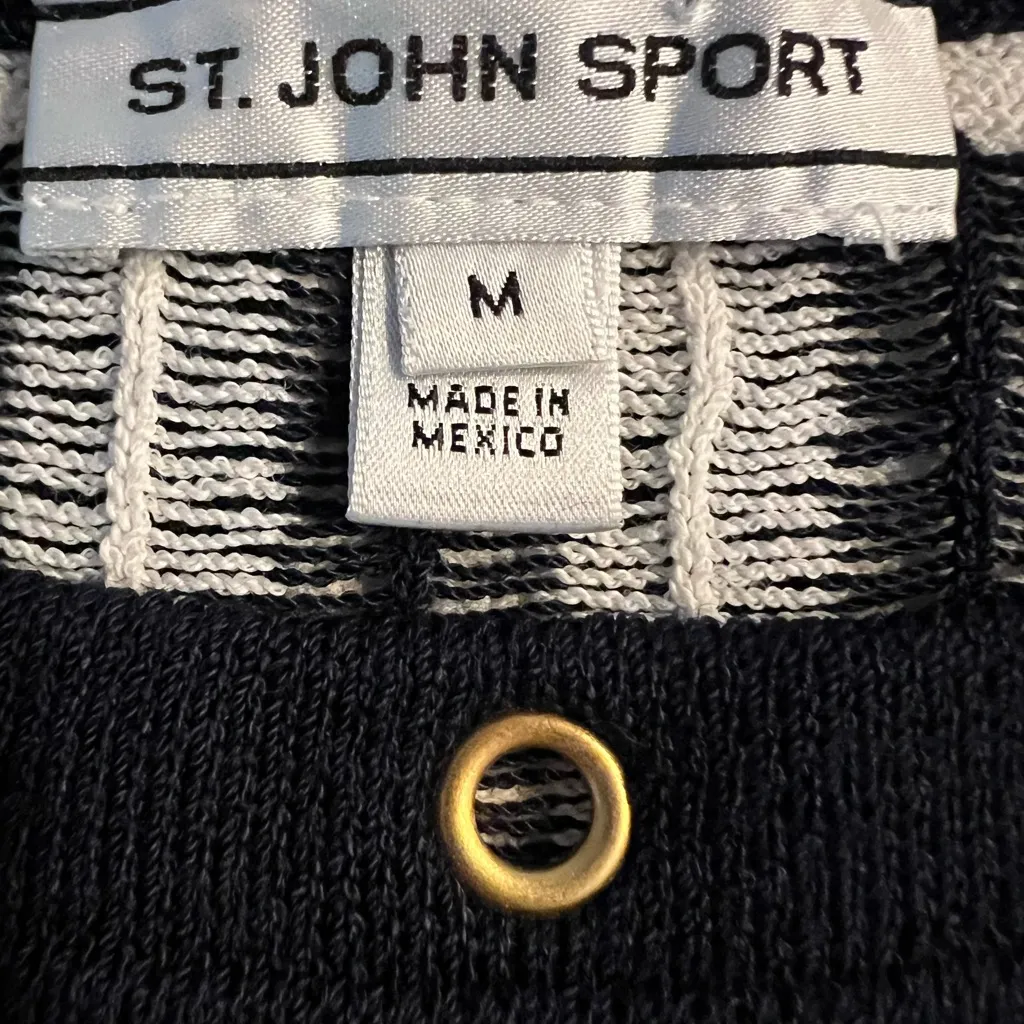 St John Sport Wool Blend Nautical Navy White Striped Sweater Grommet Medium EUC Blue - Image 6
