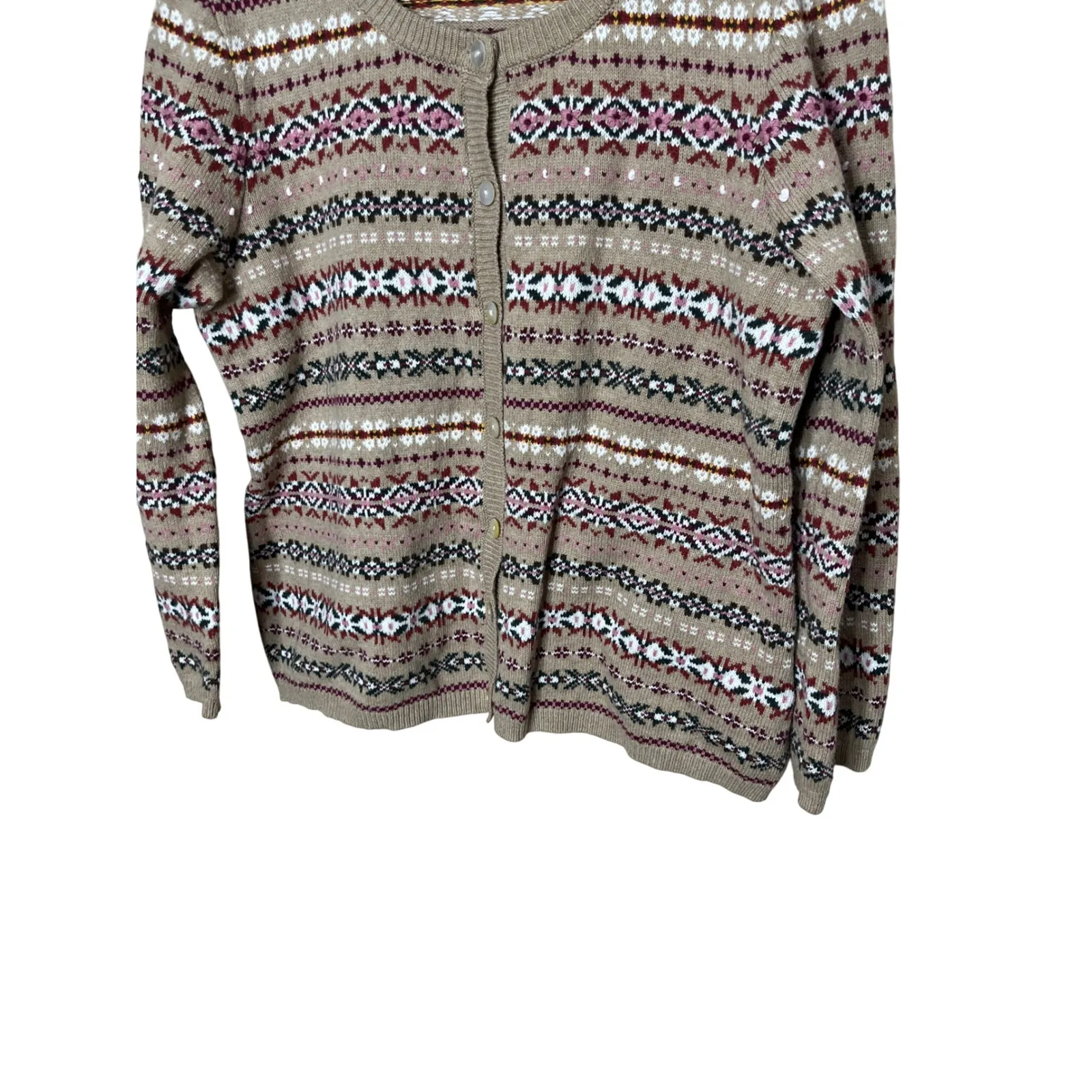 Vintage Appleseeds Wool Blend PL Tan Multi Fair Isle Pattern Cardigan Sweater Size undefined - Image 3