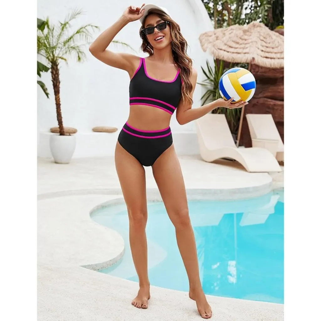 BMJL Color Block High Waisted Bikini Sporty Two-Piece Swimsuit Black Pink SMALL - Image 8