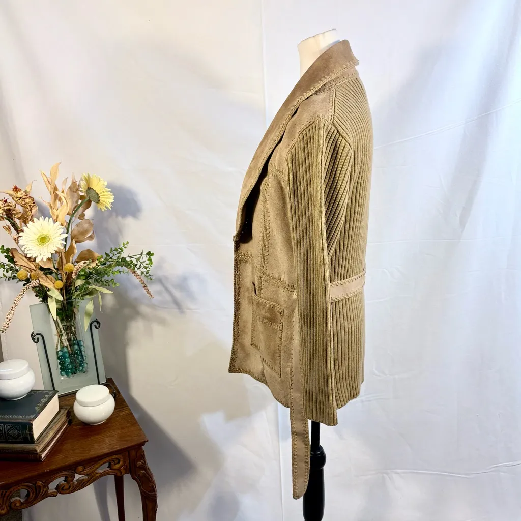 Vintage Banff Sweater Bee Tan Suede Patchwork Belted Open Jacket – Medium🧡 - Image 7