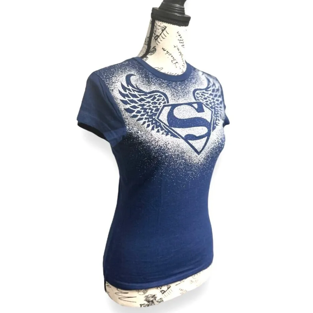Supergirl‎ S Navy Graphic Tee 100% Cotton Burnout Glitter Y2K DC Comics Hero - Image 3
