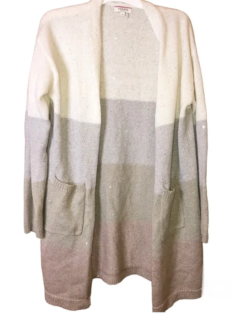 Andree by unit wool Color block ombre sequin cardigan sweater Tan Pink Large - Image 1