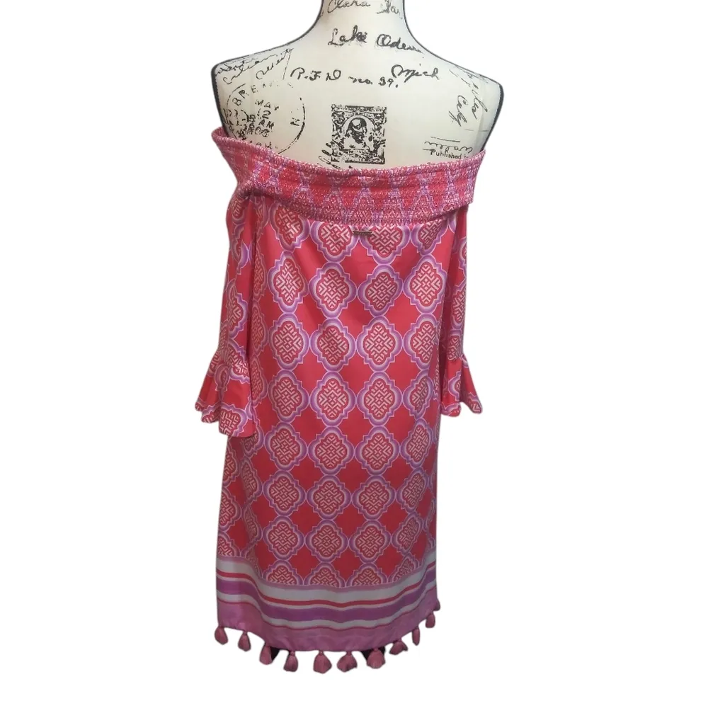 Cabana Life Coral Geo Coverluxe Off Shoulder Smocked Dress Tassels Vacation Sz L Pink Size L - Image 4