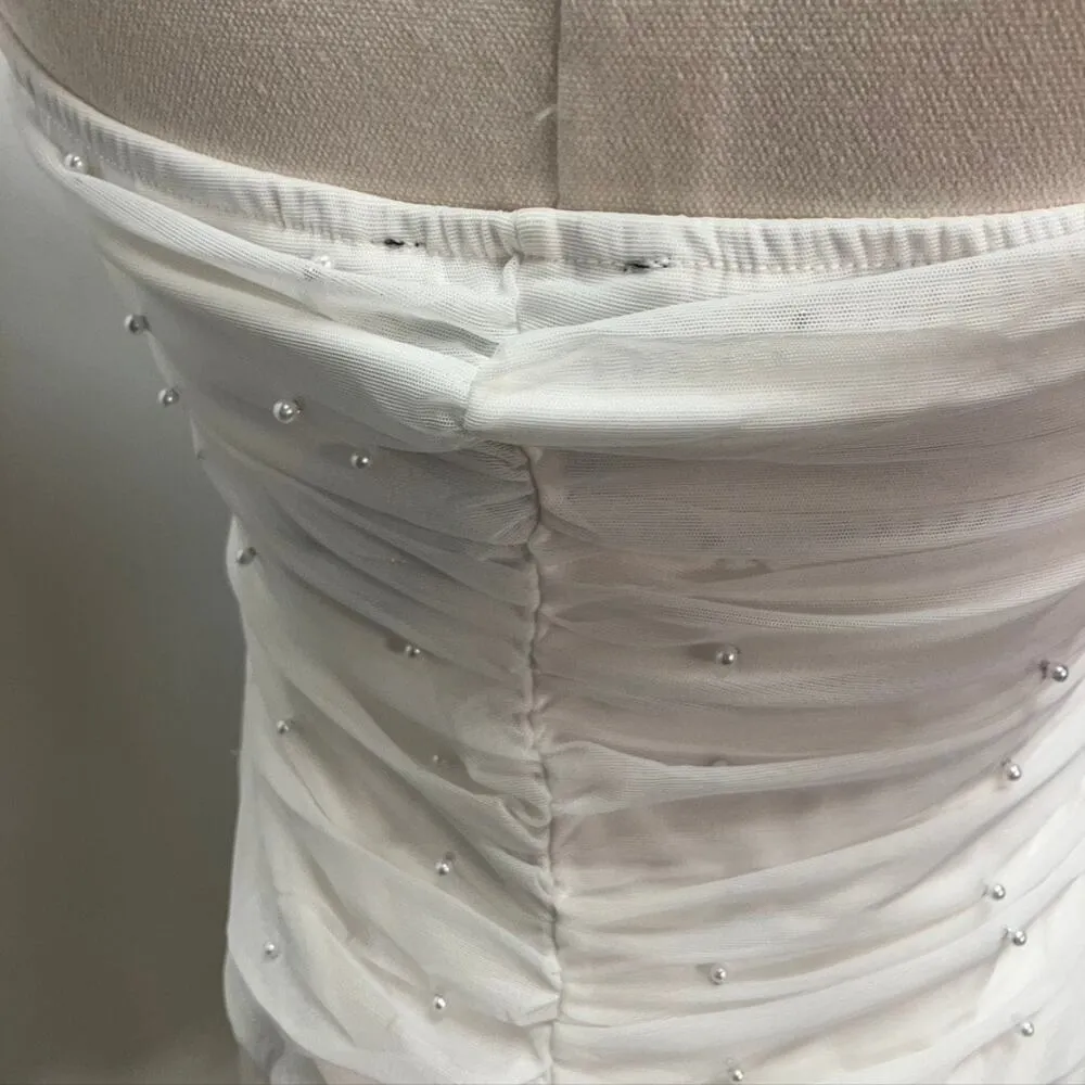 Lulus Flirty Glamour White Mesh Pearl Strapless Crop Top Juniors XL Stretchy - Image 4