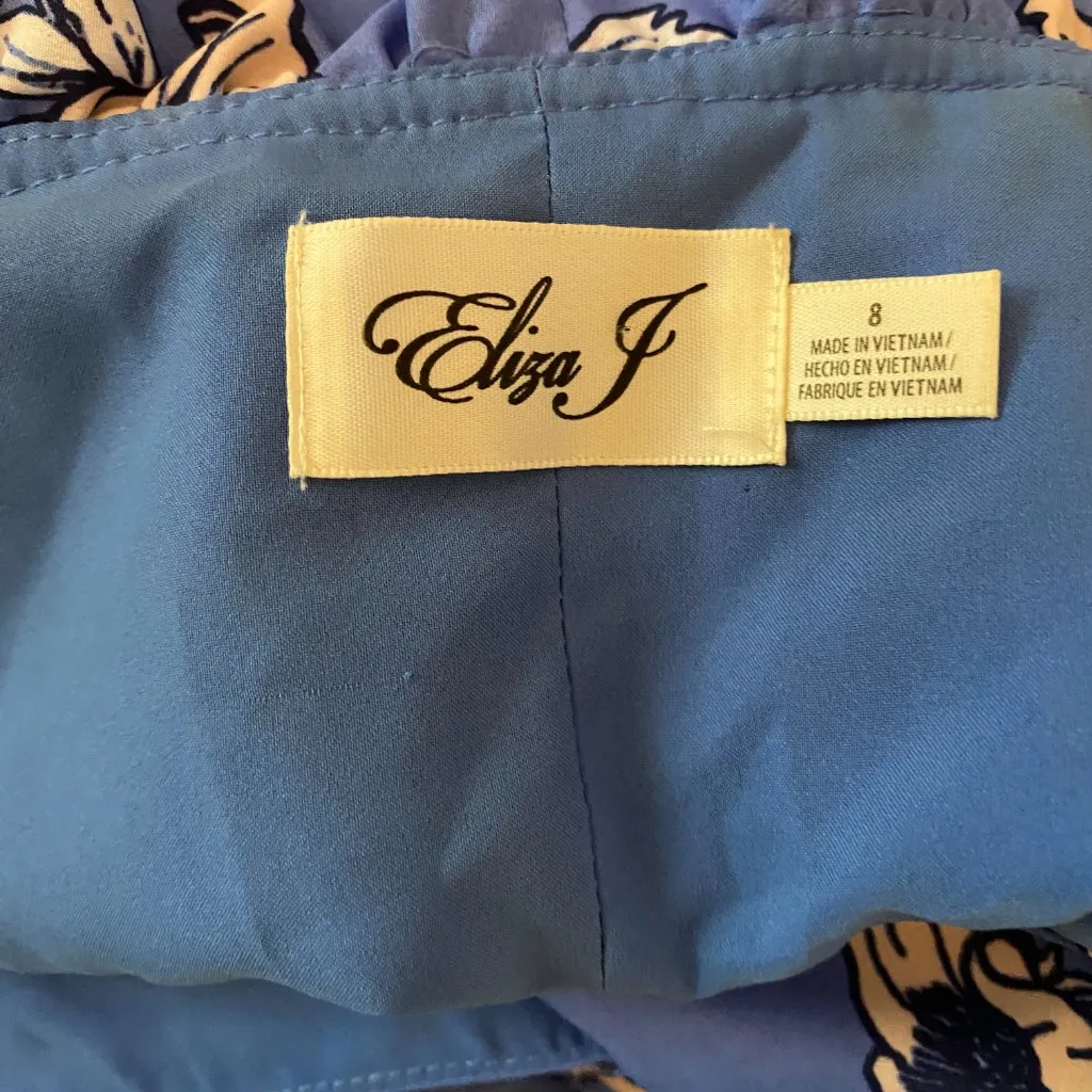 Eliza J Floral Faux Wrap Dress Size 8 Dusty Blue Ruffle Midi Belted Boho Wedding - Image 11