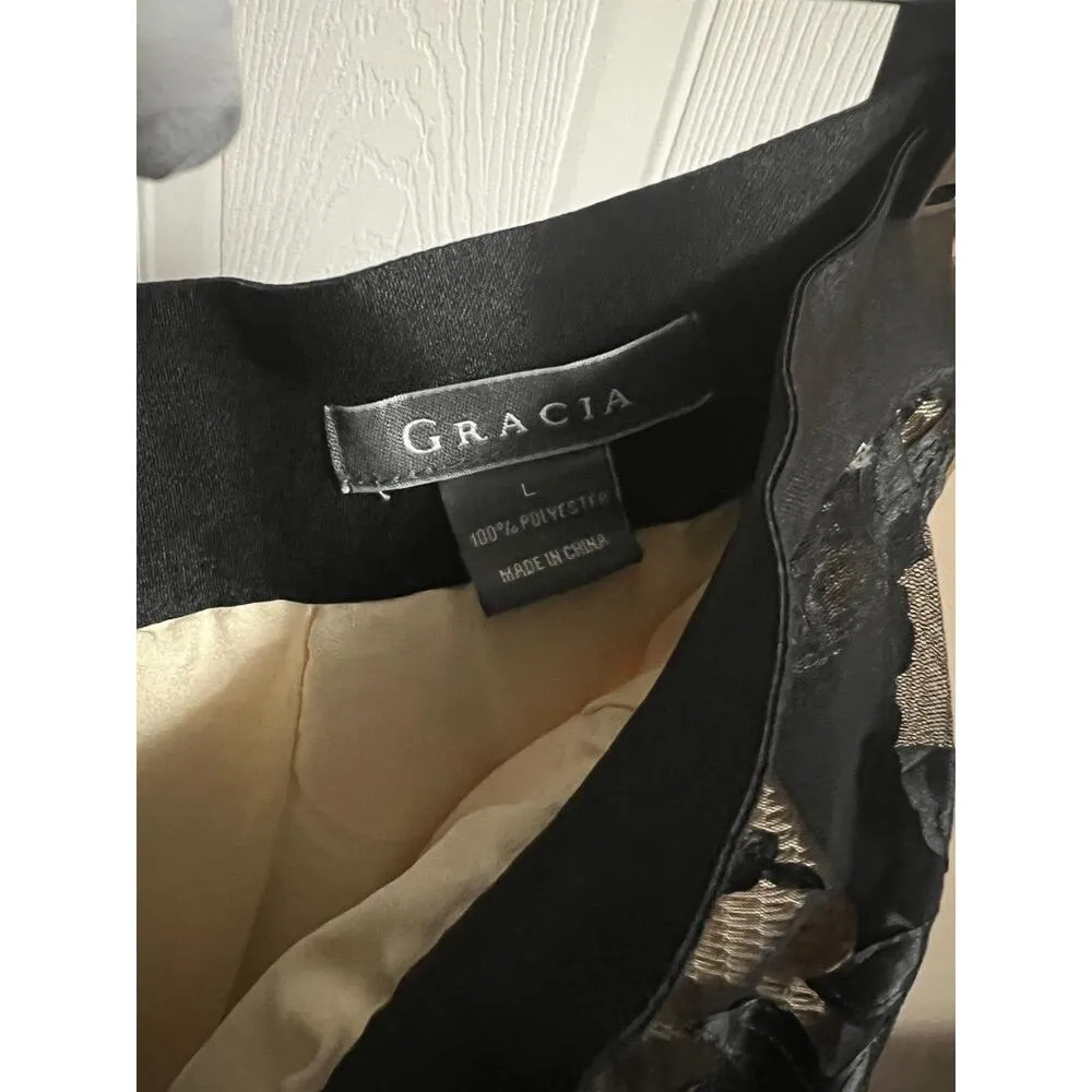 Gracia Skirt Womens Large Black Beige Aline Knee Length Embroidered Floral Mesh - Image 7
