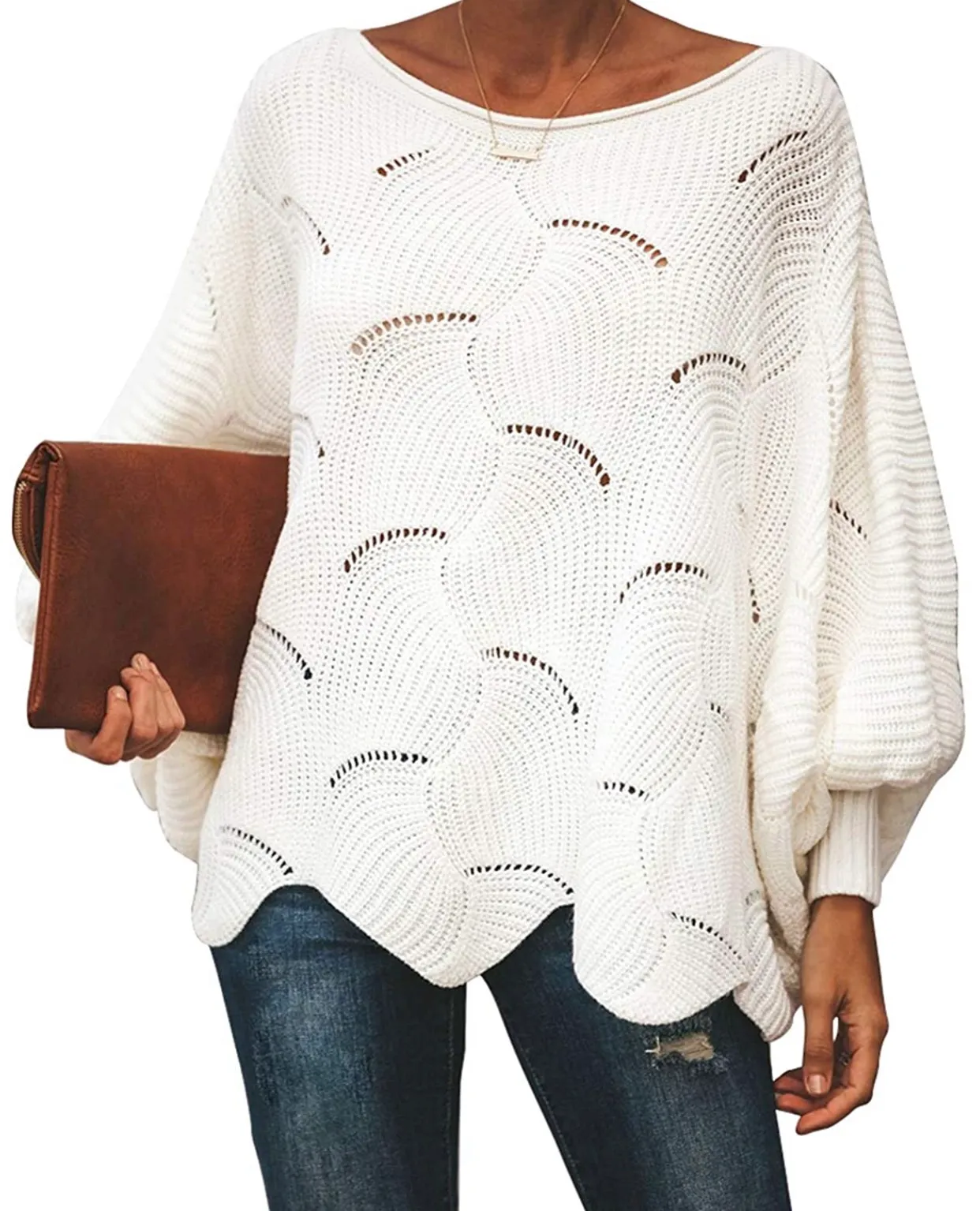 Scalloped Trim White Sweater Size XL - Image 2