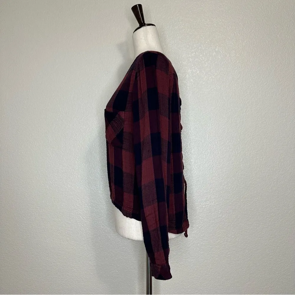 Anthropologie Cloth & Stone Gauze Plaid Lace Back Blouse Top, Sz Small - Image 5