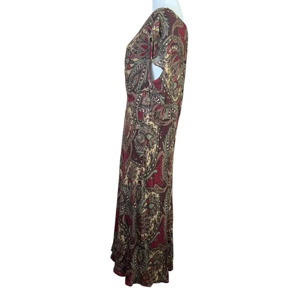 LOFT Paisley Boho Long Dress Cap Sleeve Size 16 Wool Blend Lined Surplice Modest - Image 4