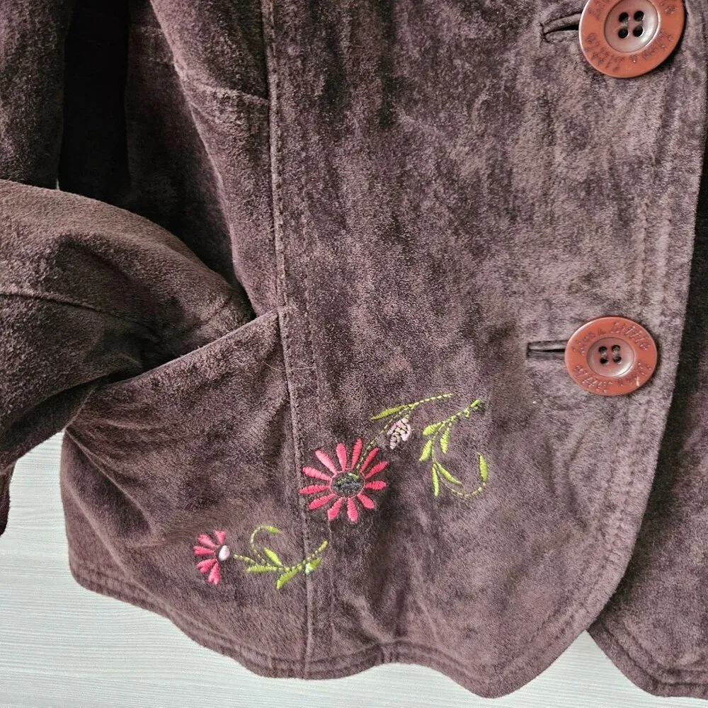 Live A Little Suede Brown Embroidered Floral Velvet Blazer Boho Jacket Size M - Image 6