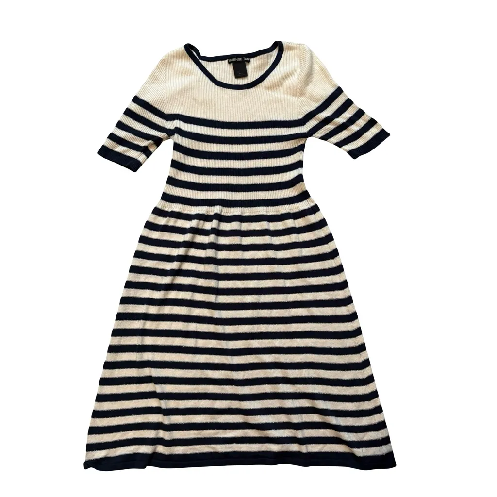 Vintage Vivienne Tam Short Sleeve Silk Blend Navy/White Dress, Sz S - Image 11