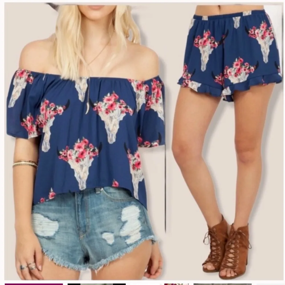 Desert Skull Ruffle top short Set size small flowy blue - Image 2