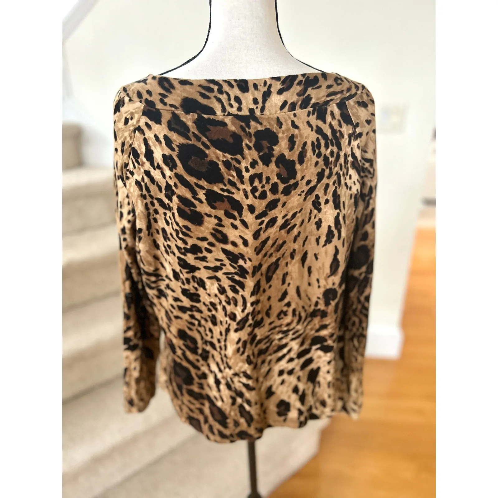 Ralph Lauren Brown Black Leopard Print Cotton Wide Neck Long Sleeve T-Shirt - Image 2