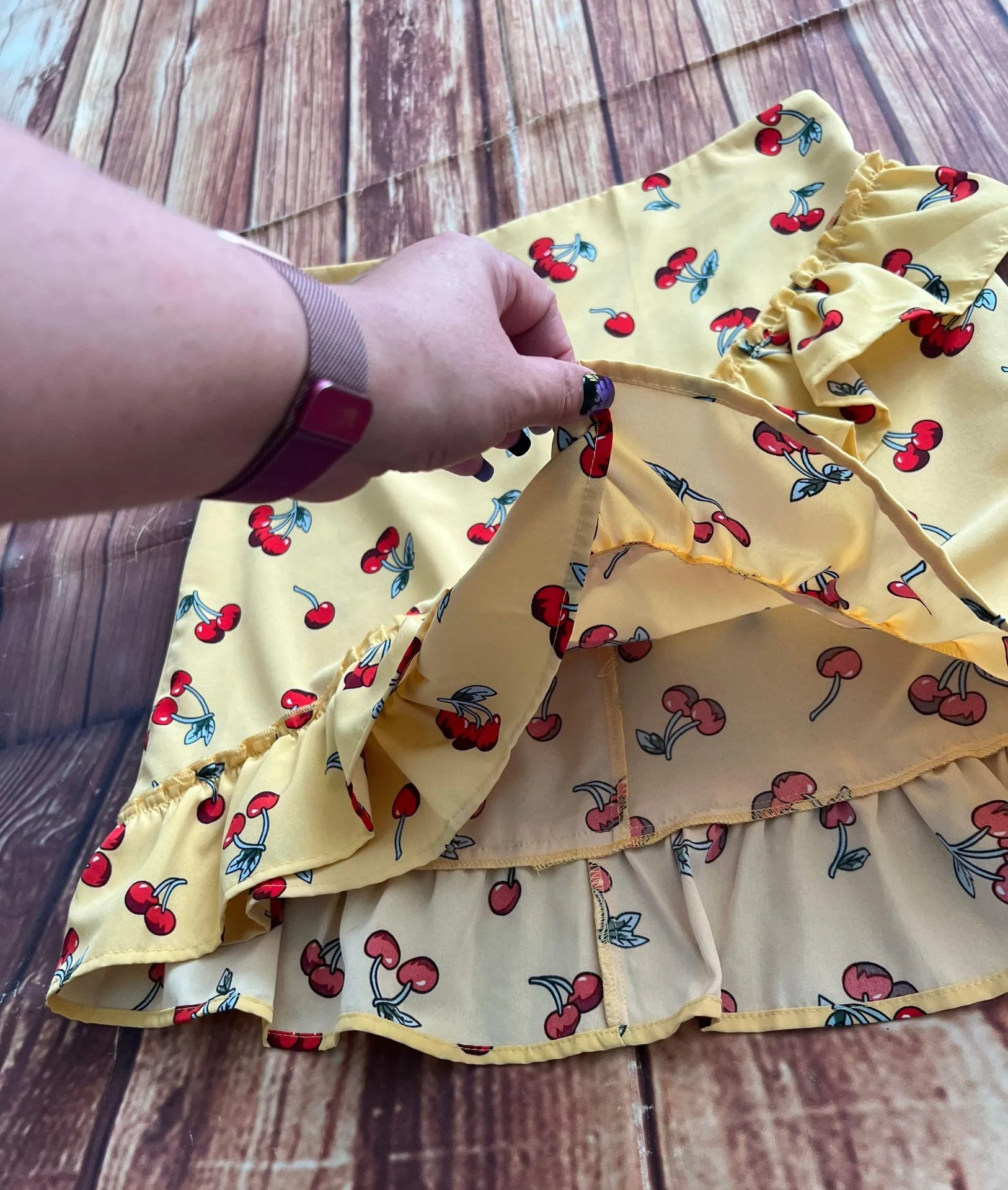 Women’s Cherry Print Yellow Ruffle Hem Skirt Size Small - Image 6