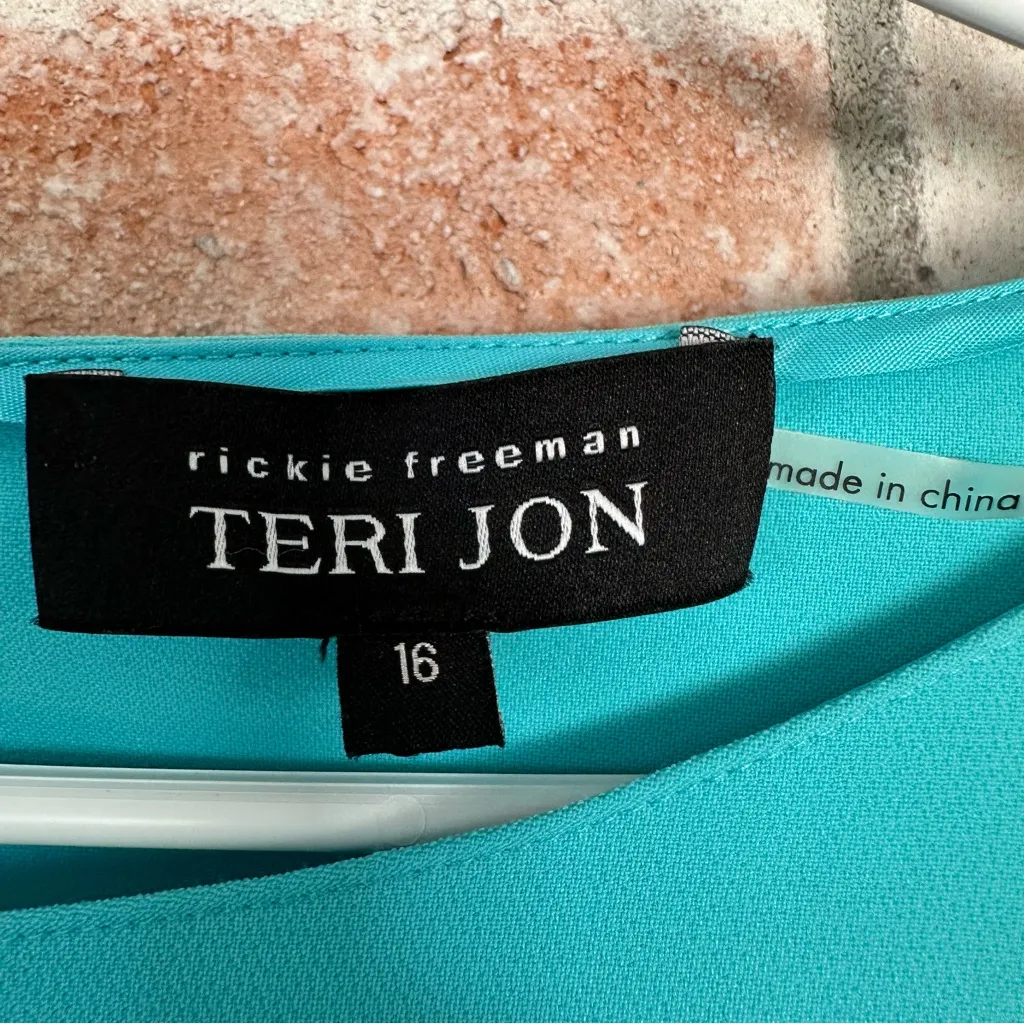Ricki Freeman Teri Jon Bell Sleeve Shift Dress Cocktail Womens 16 Turquoise Blue - Image 5