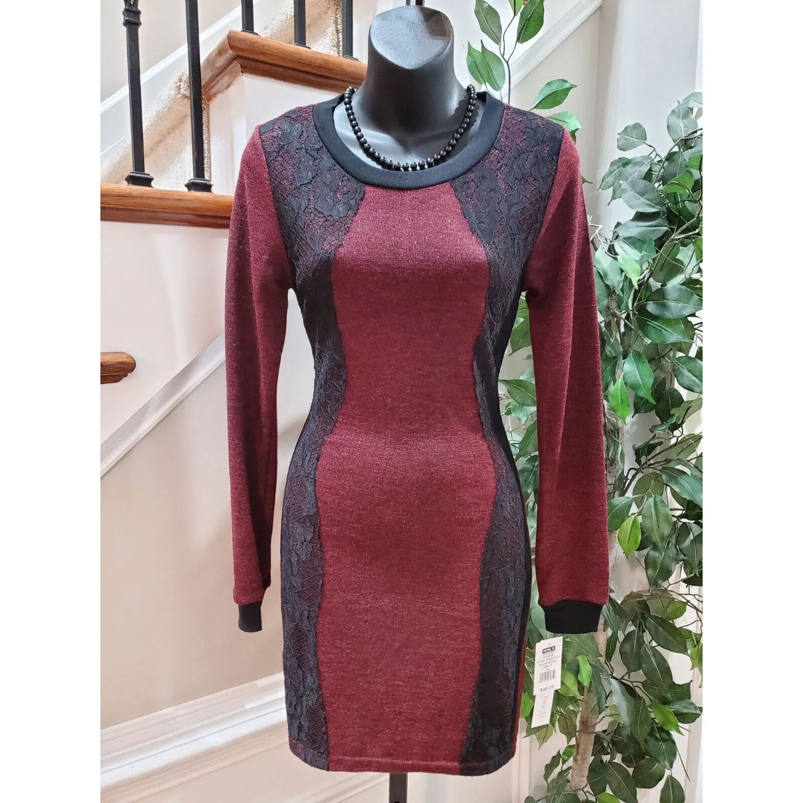 Three Pink Hearts Women's Maroon Round Neck Long Sleeve Knee Length Dress Size S - Image 8