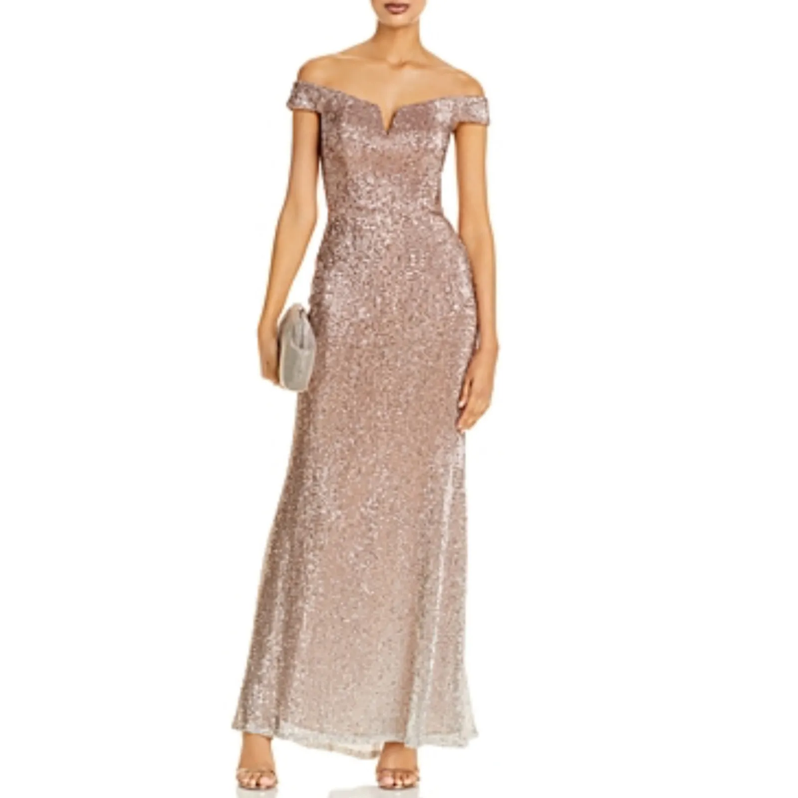 Rose Gold Sequin Off the Shoulder Evening Gown Size 4 Long Formal Dress by AQUA - Image 9