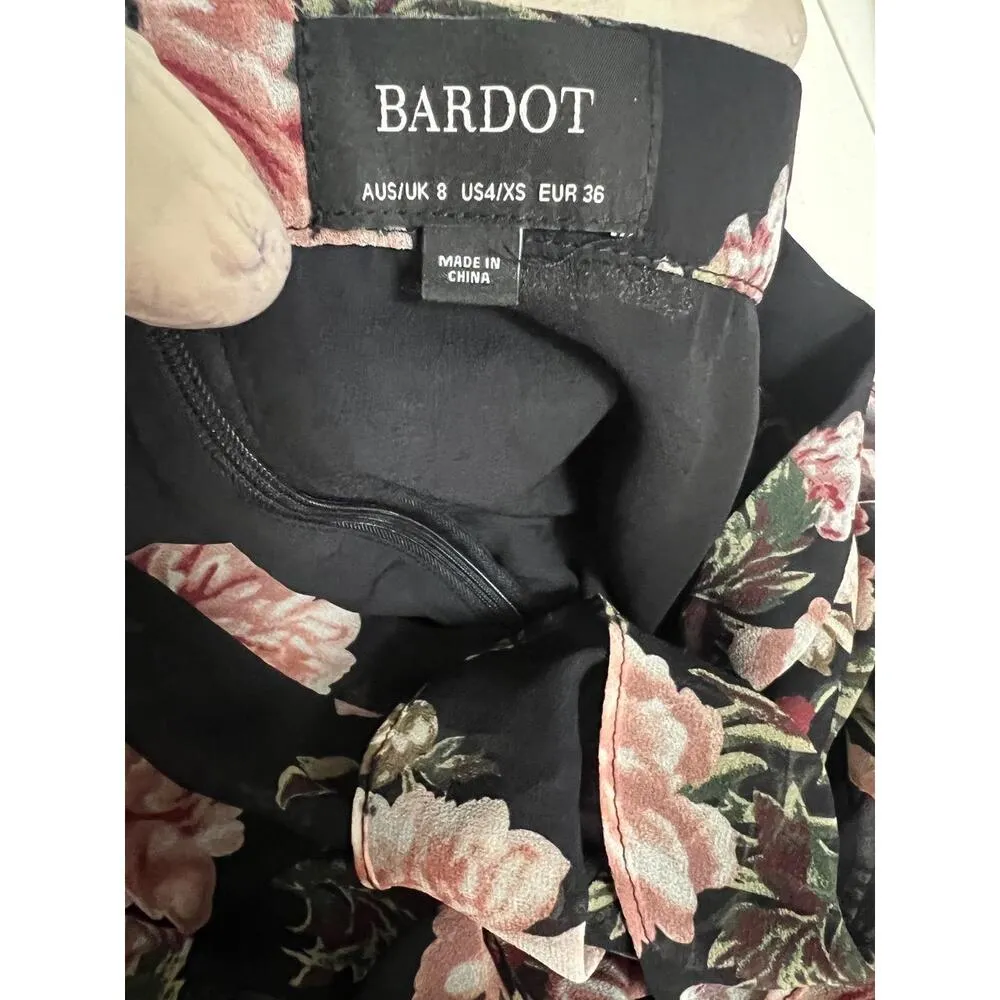 Revolve Bardot Skirt XS Black Floral Ruffled Mini Tiered Trim Chiffon Lined - Image 7