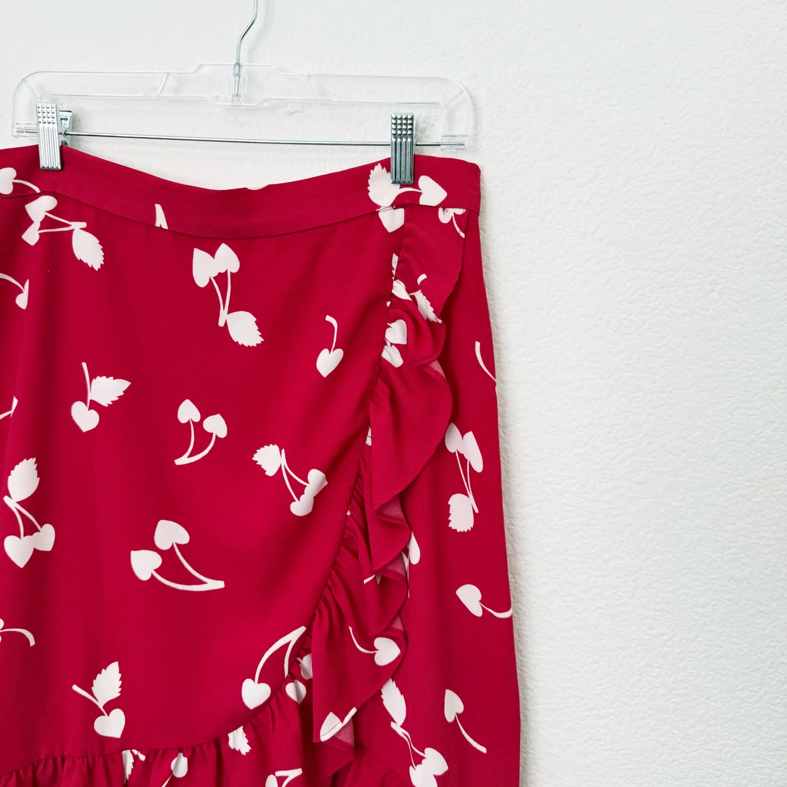 [ModCloth] It's A Wrap Red Cherry Heart Print Ruffle Faux Wrap Midi Skirt Sz 12 - Image 4