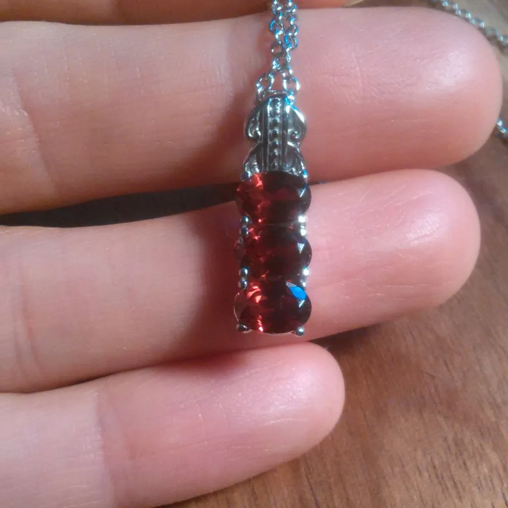 Mozambique Garnet Three Stone Stainless Steel Pendant Necklace - Image 10