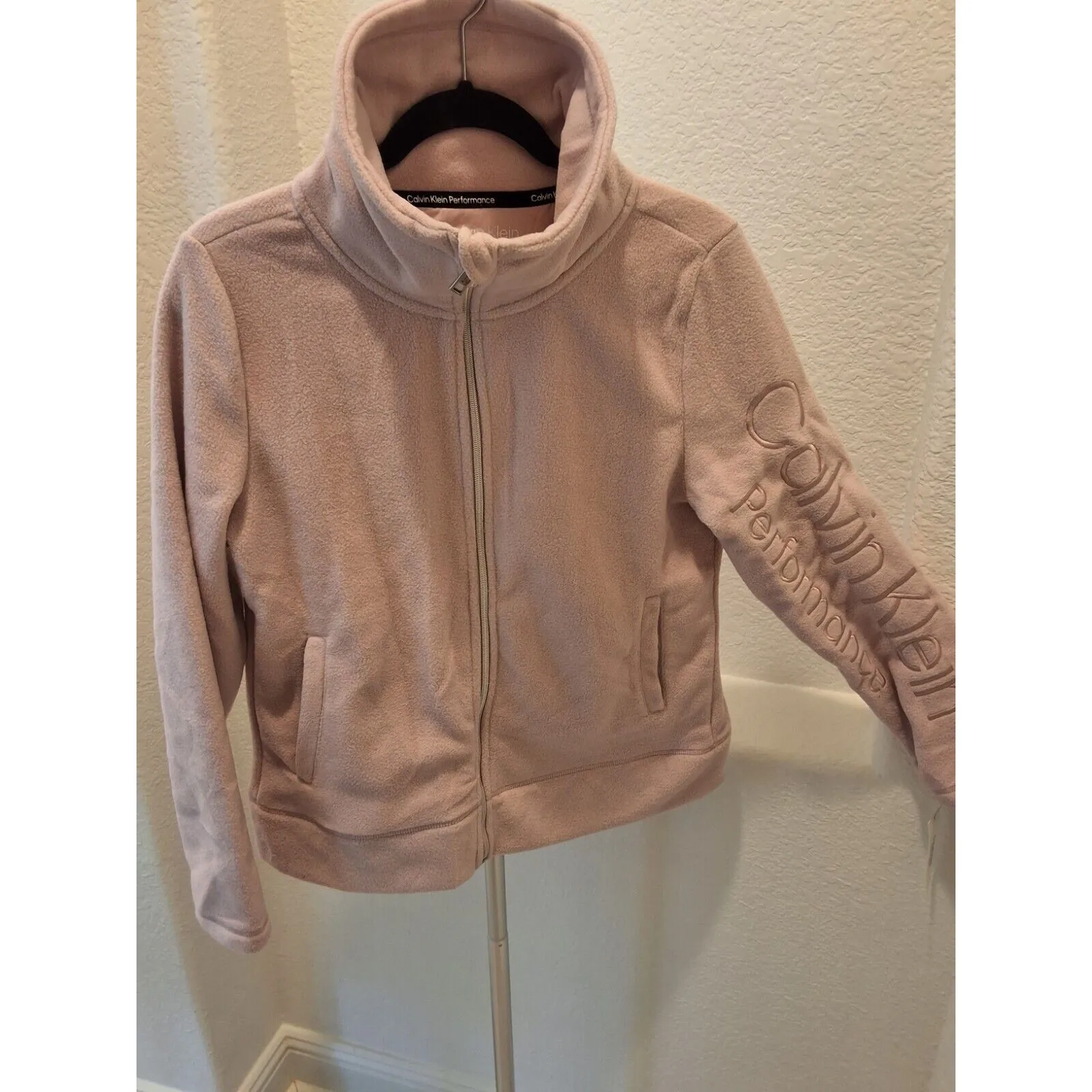 Calvin Klein Performance Size Large Beige Zip Up Fleece Jacket High Collar NEW - Image 7