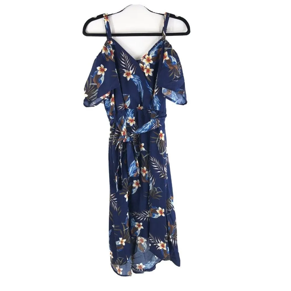 Bloomchic Floral Cold Shoulder Pocket Ruffle Belted High Low Hem Dress Navy 10 - Image 3