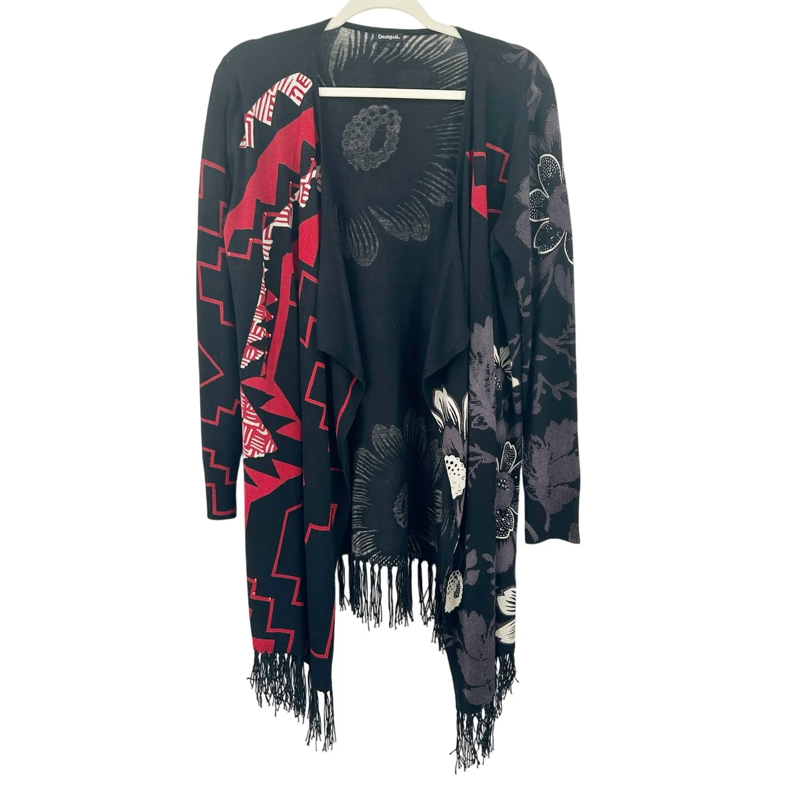 Desigual Womens Boho Dark Detroit Fringe Floral Open Front Knit Cardigan Size L - Image 2