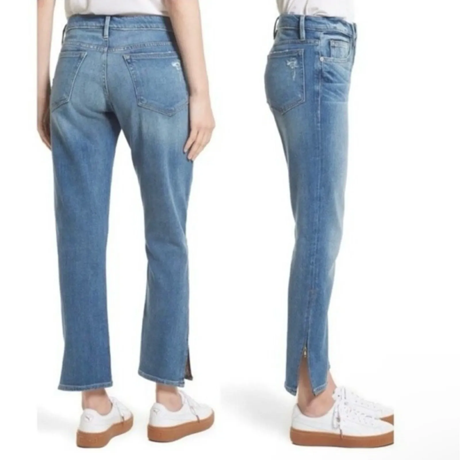 FRAME Le Boy Zip Hem Crop Jeans Ankle Picadilly Distressed Stretch Blue Size 26 - Image 7