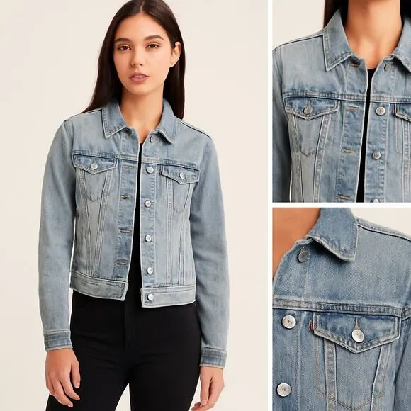 Levi’s XS Light Wash Distressed Denim Trucker Jacket Blue - Image 2
