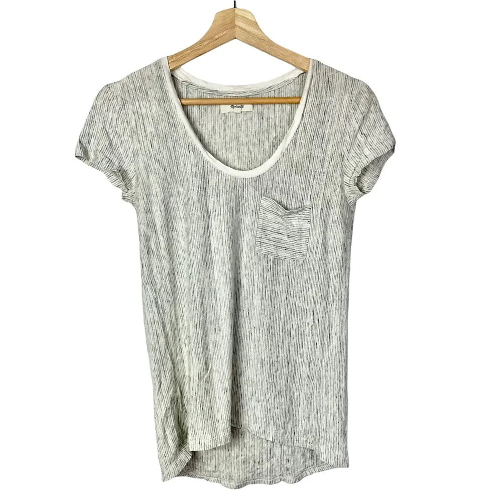 Madewell Gray Fadeaway Stripe Linen Timeoff Pocket Front Linen T-Shirt XS - Image 15