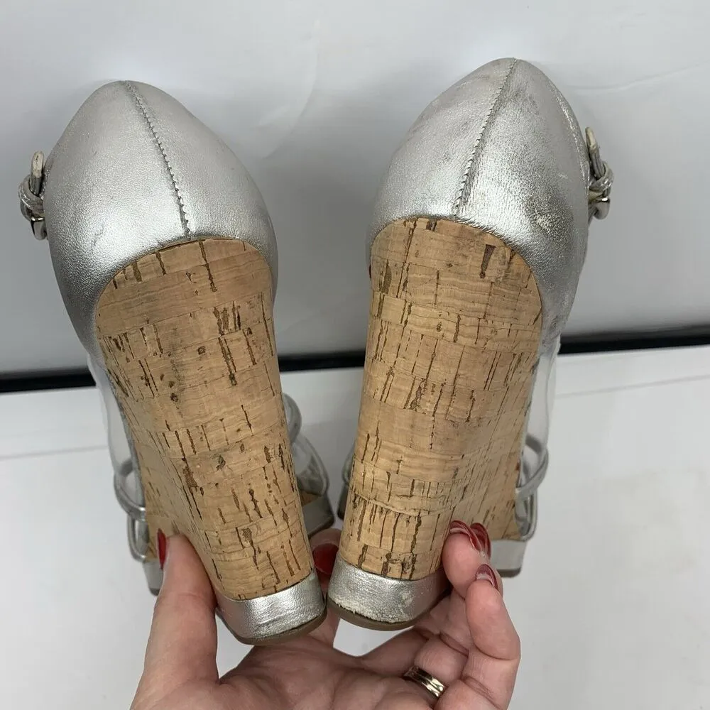 Coach Sz 8.5 Wedge Silver Joslin Strappy Cork Heel Leather Sandals Shoes Women’s - Image 8