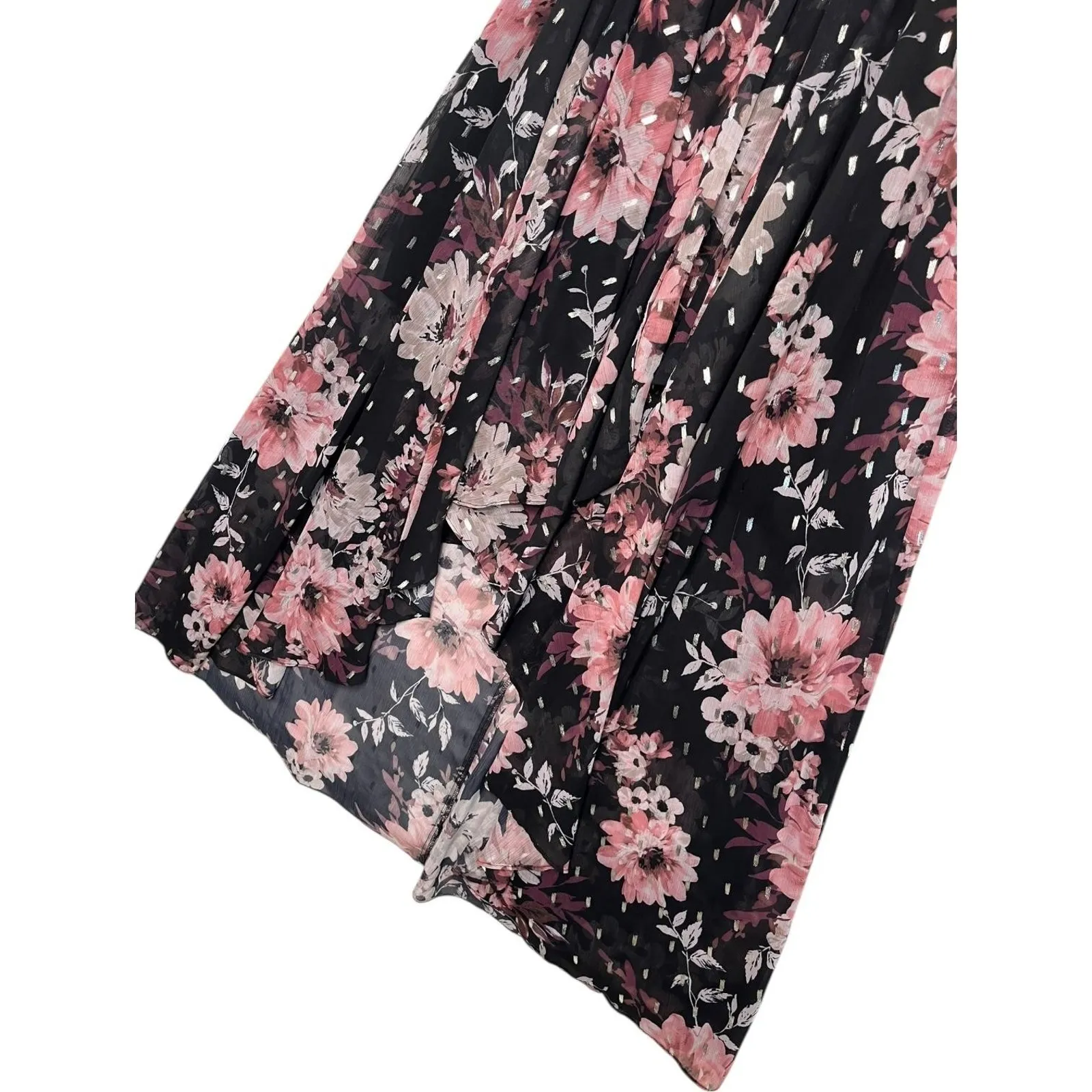 Eliza J Dress Womens 6 Black Pink Floral Maxi Wrap Chiffon Metallic Wimsigoth - Image 7