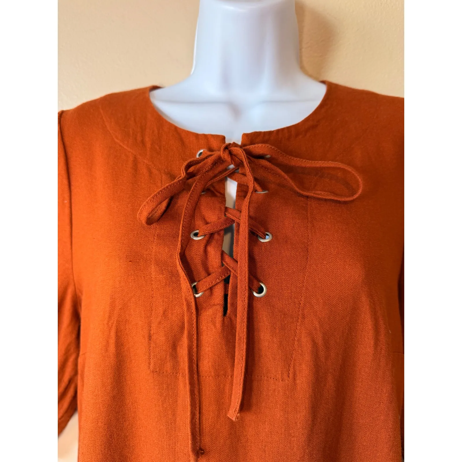 Who What Wear Rust Linen Blend Dress Lace Up Neck 3/4 Sleeve‎ Womens M Fall Boho - Image 4
