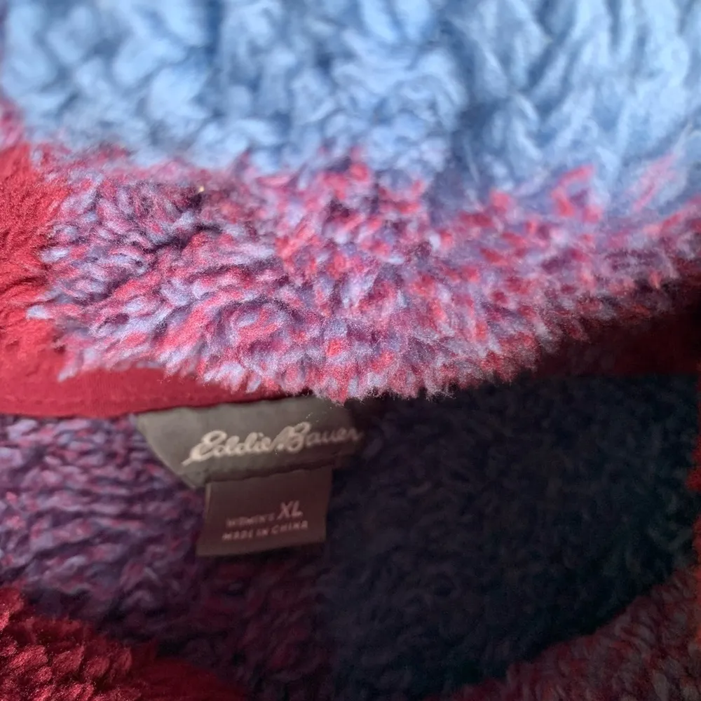 EDDIE BAUER XL High Neck Blue & Maroon Plaid Fleece Sherpa Top 1/4 Zip - Image 4
