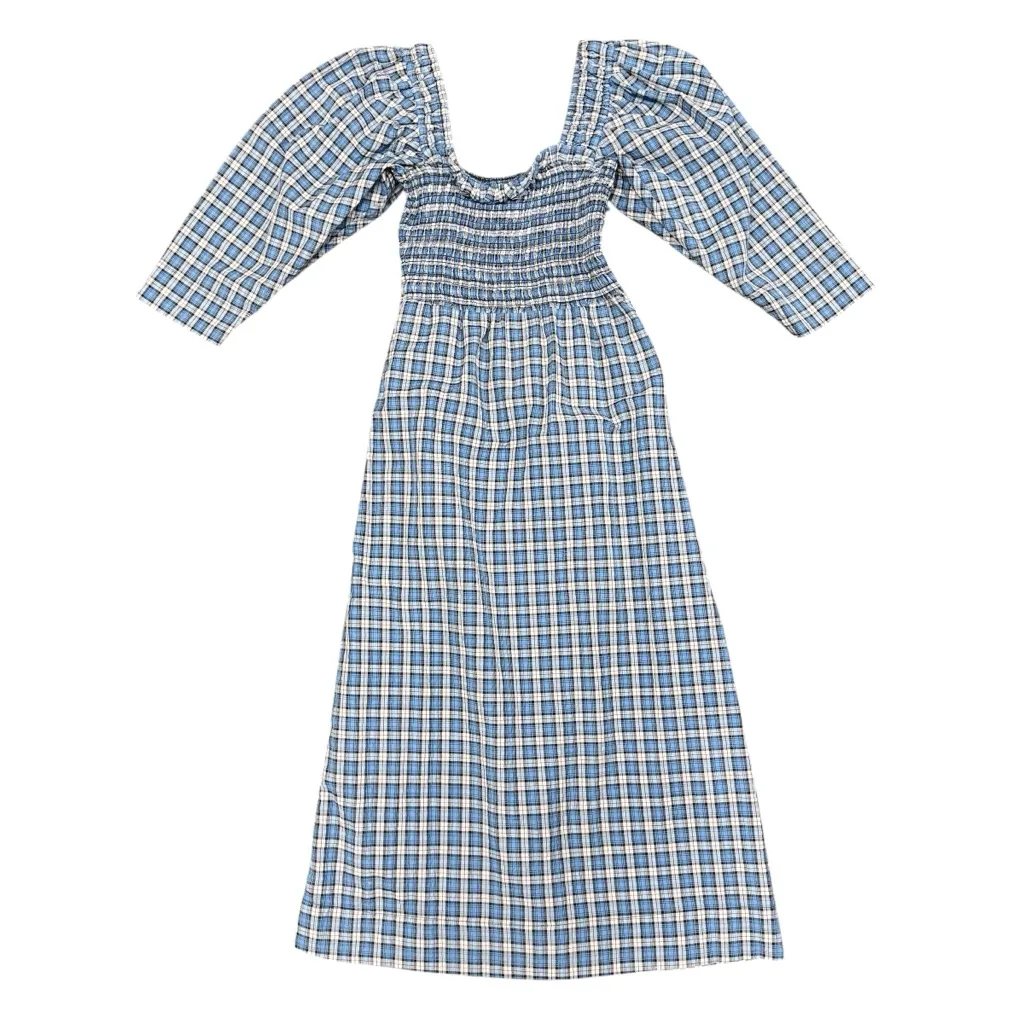 Ganni Shirred Checkered Cotton Blend Seersucker Gingham Midi Dress Blue 34 - Image 5