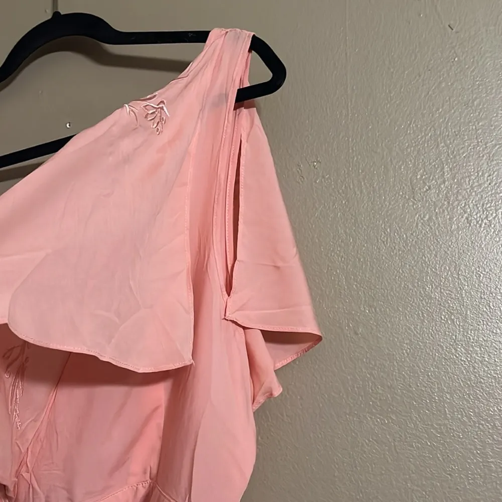 Dress Sz L Peach Slit Sleeves Embroidered Collar Wrap Frt Flowy Coverup - Image 7