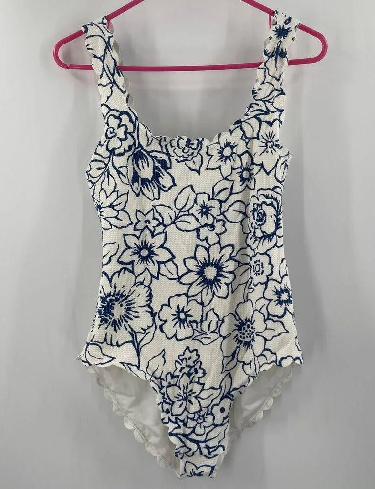 AERIE Swimsuit Medium One Piece Full Coverage White Blue Floral Unlined No Cups - Image 16