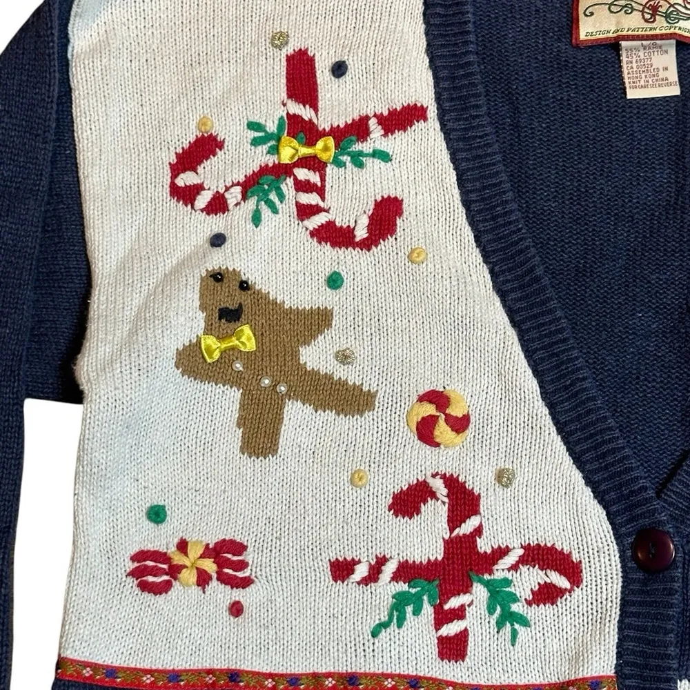 Crystal Kobe Vintage Ugly Christmas Sweater Ramie Snowman Bells Elf Blue Large - Image 4