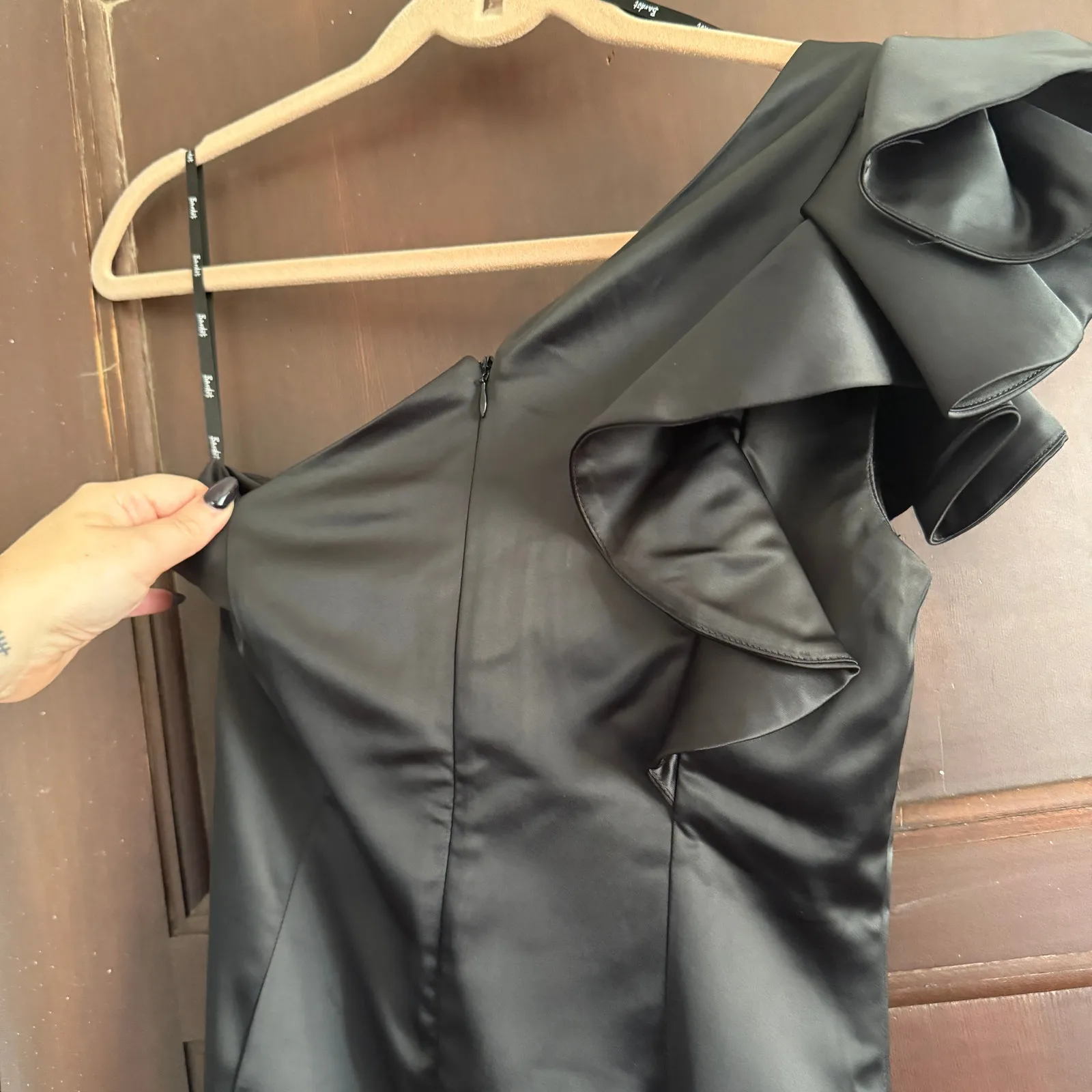 BARDOT | Black Satin One Shoulder Ruffle Sleeve Mini Cocktail Dress LBD | Size 6 - Image 8