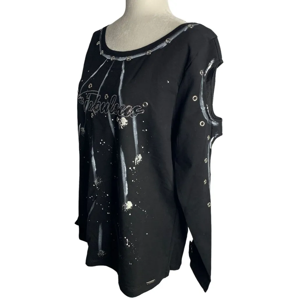 Olyss Hand Painted Fabulous Cut Out Top M Black Long Sleeve Rhinestones Rivets Size M - Image 3