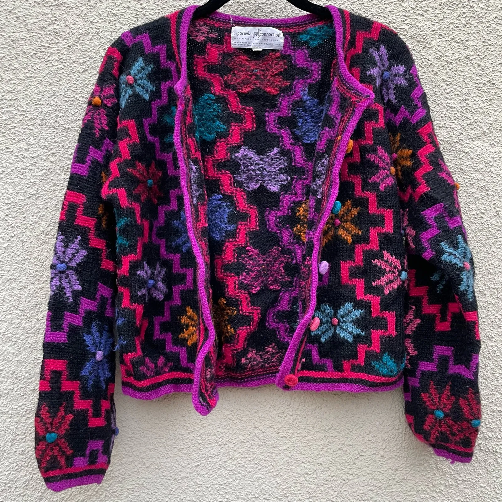 Vintage 90's Peruvian Connection Alpaca Rainbow Floral Sweater Small - Image 6